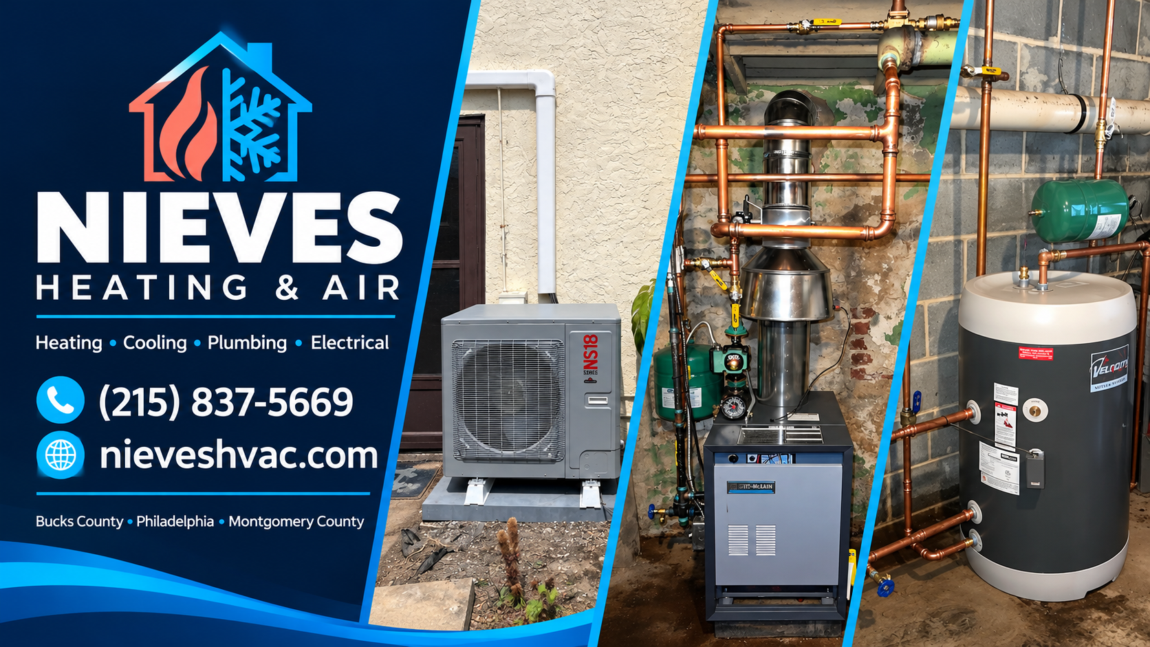 Nieves Heating and Air branded cover showing condenser, boiler and indirect water heater projects, phone number and website